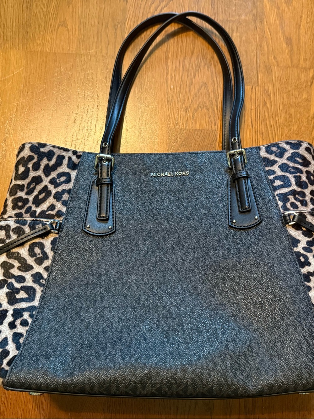 Michael Kors Black Tote with Leopard-Print Sides